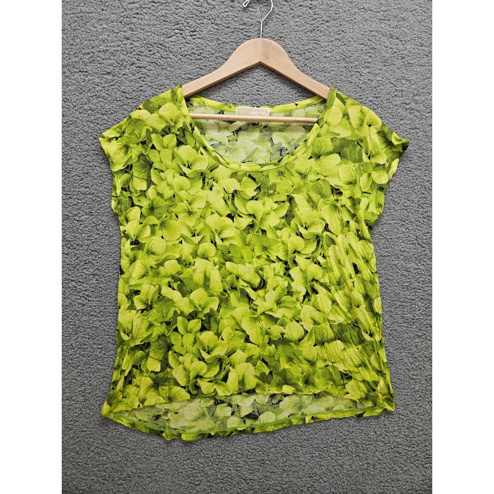 Michael Kors Short Sleeve Tee S Green Floral Hydrangea Print Scoop Neck Top